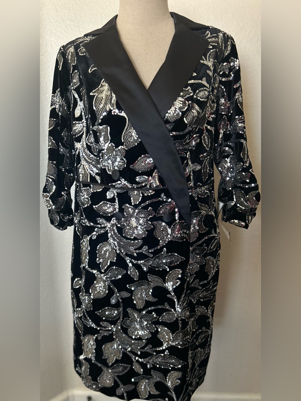 Macy's Black Satin Sequin Floral Long Sleeve Dress